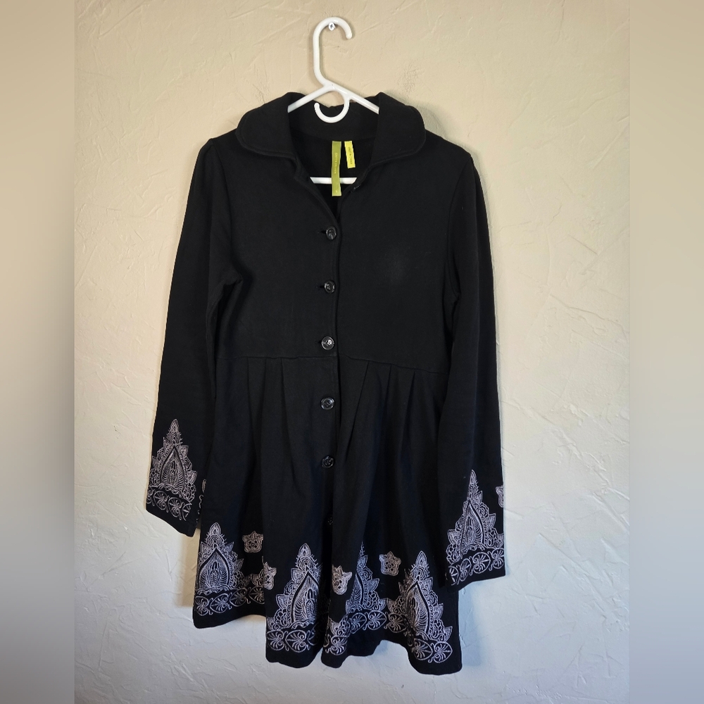 Green Dragon Black Cotton Coat with Embroidered Intricate Patterns sz S